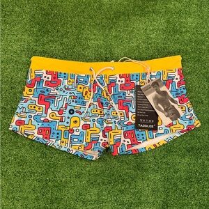 🩲 Men's LARGE Multicolor Athletic Swim Shorts with Yellow Waistband by TADDLEE